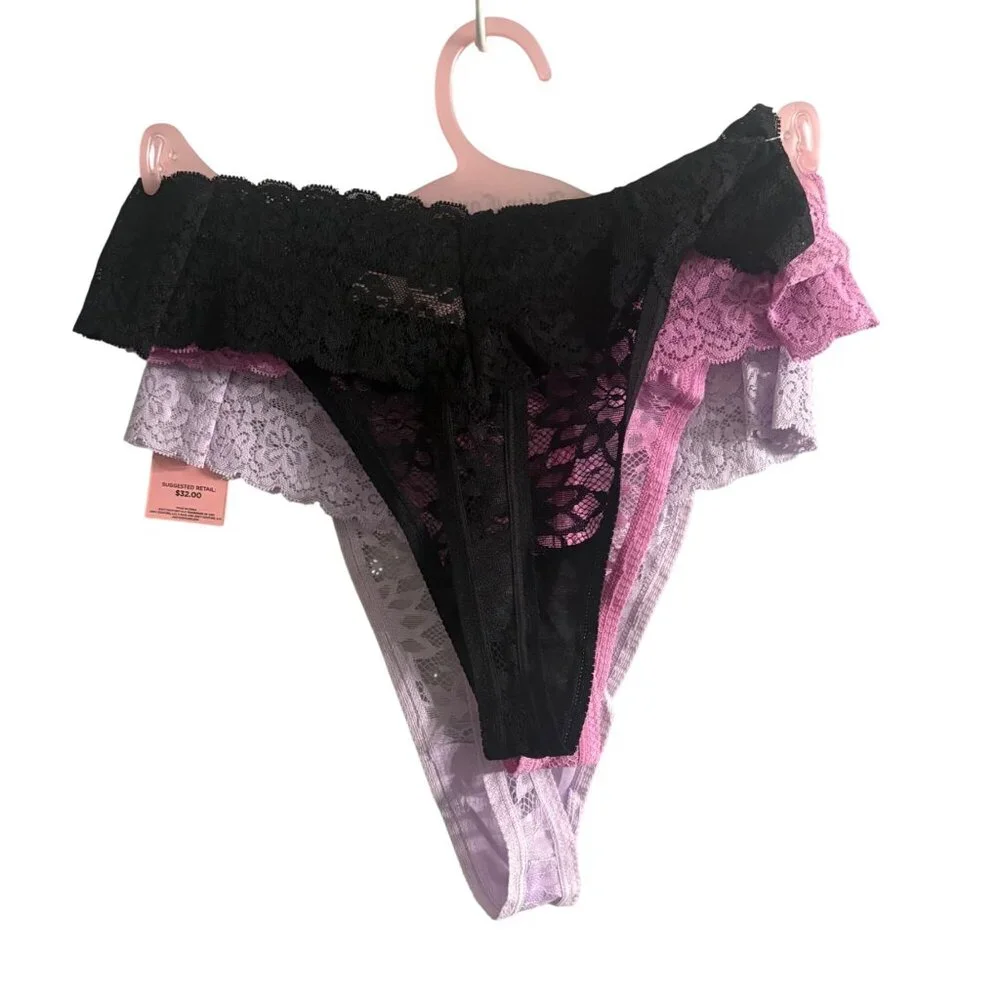 Juicy Couture Lace Thong Panty Coquette Set 3-Pack In Black Pink & Lavender 1X - Picture 2 of 9